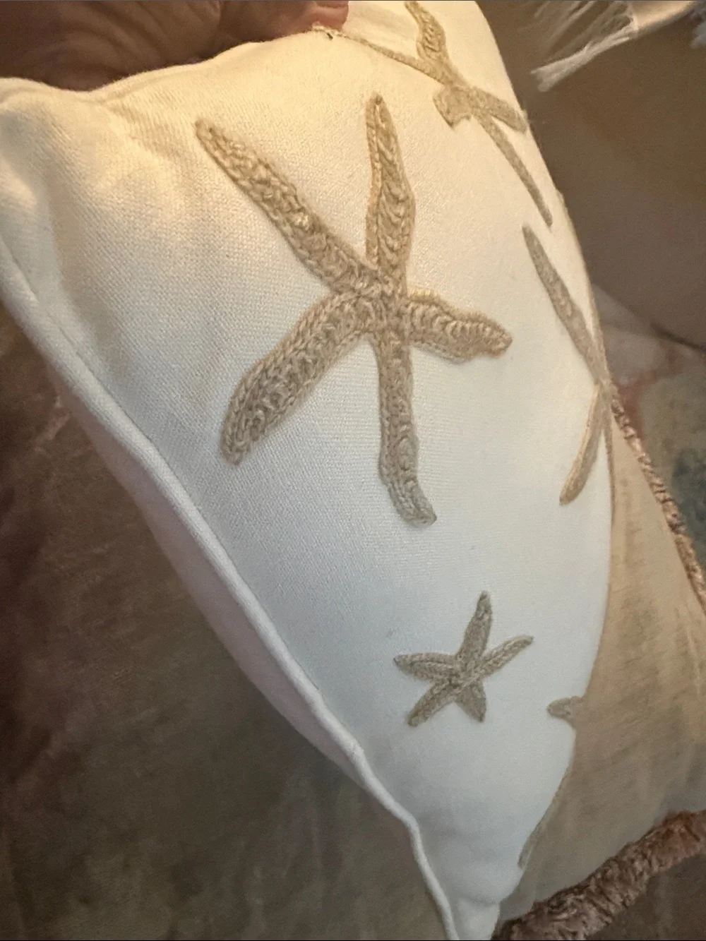 Pottery Barn Starfish Embroidered Throw Pillow - Cream and Tan